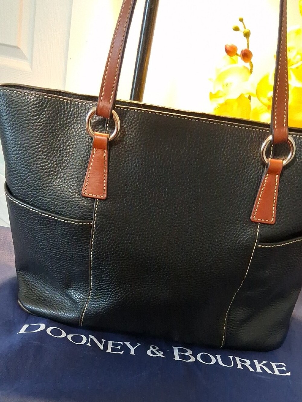Dooney & Bourke Black Pebble Leather Tote with Brown Trim and Straps - Picture 8 of 16
